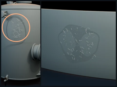 Educational illustration of an FRP tank exterior with sparse white glass fibers protruding through a weathered resin surface.