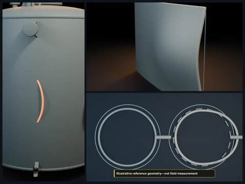 Educational illustration of an FRP tank with a broad shell bulge beside a healthy cylindrical outline and profile comparison.