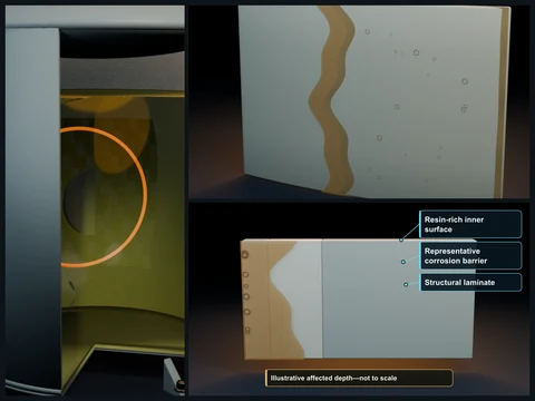 Educational illustration of an FRP tank interior with a mottled, roughened corrosion-barrier surface beside a representative laminate cutaway.