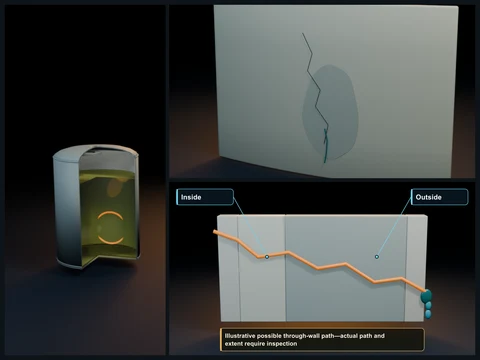 Educational illustration pairing internal and external evidence of an FRP wall crack with slow seepage and a representative wall section.