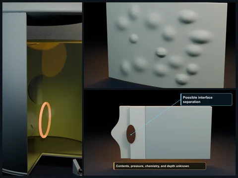 Educational illustration of rounded blisters beneath an FRP tank internal resin surface with a representative laminate cutaway.